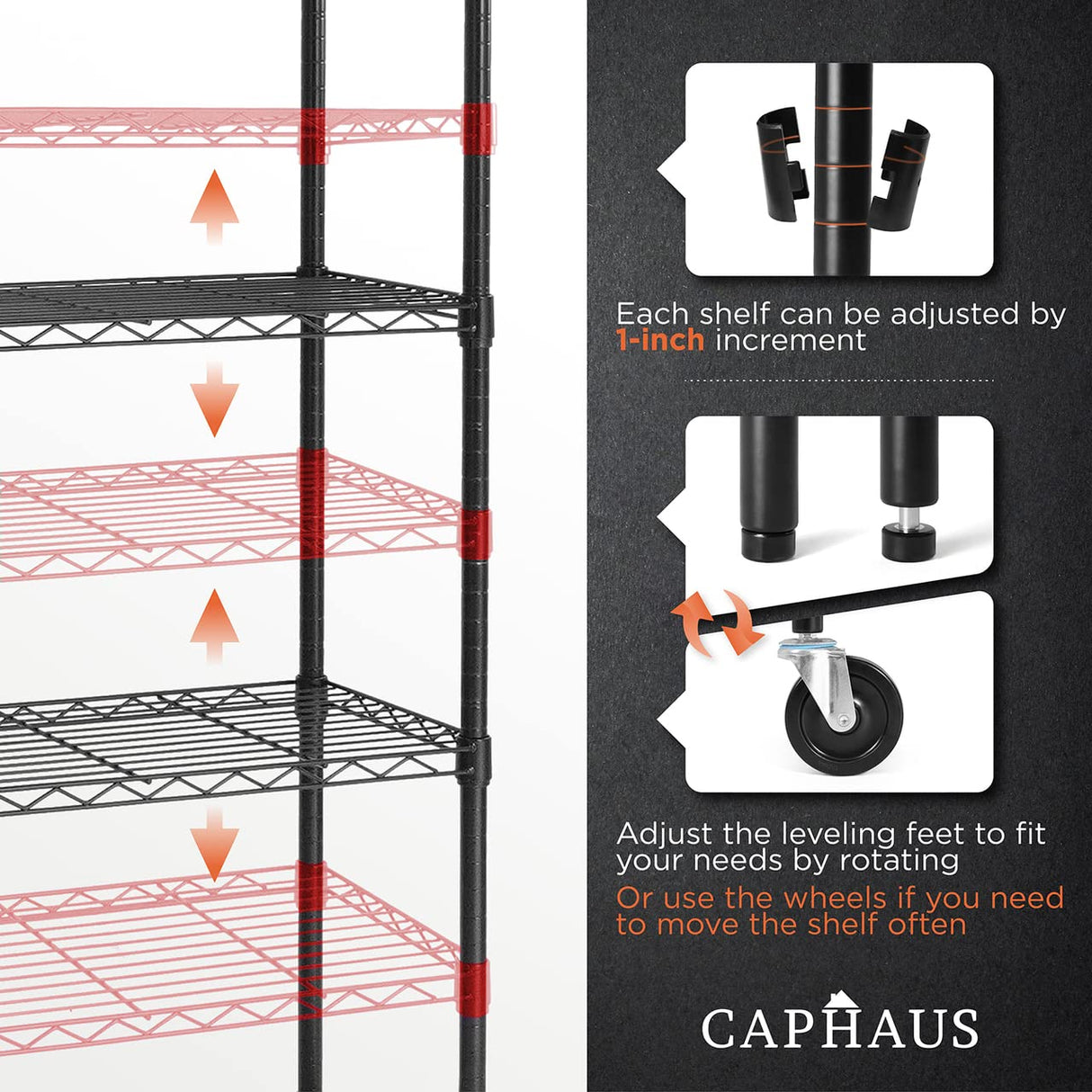 CAPHAUS 4-Tier Commercial Grade Heavy Duty Adjustable Height Wire Shelving w/Wheels & Leveling Feet, Storage Metal Steel Shelf, Garage Shelving CAPHAUS