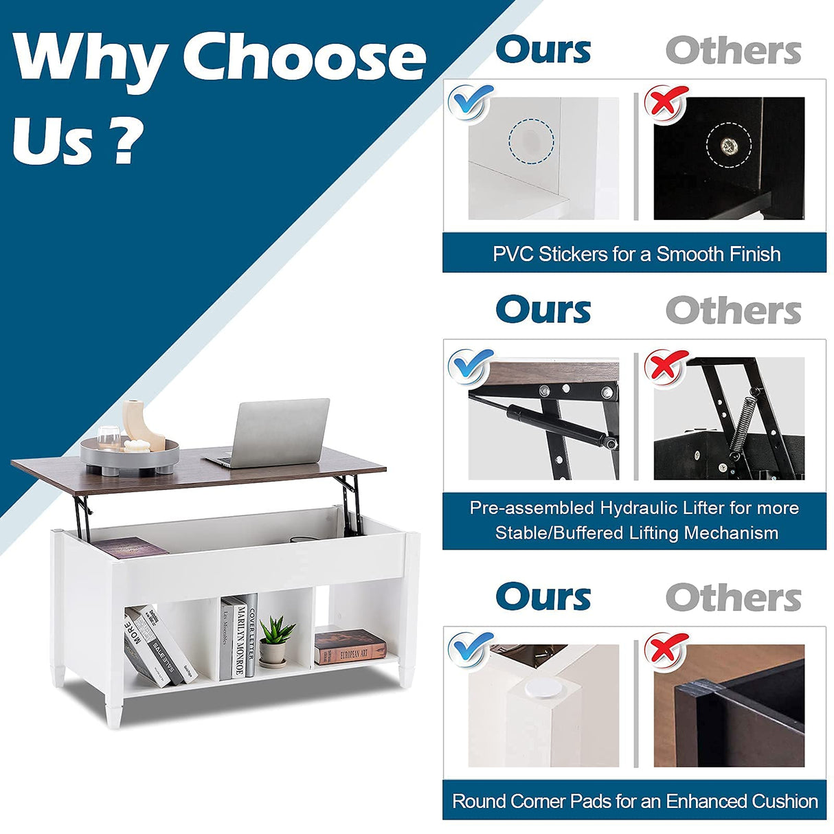 VINGLI Lift Top Coffee Table, White, with Storage Shelf/Hidden Compartment, Gas Lift Mesa De Centro para Sala Pop Up Coffee Table VINGLI