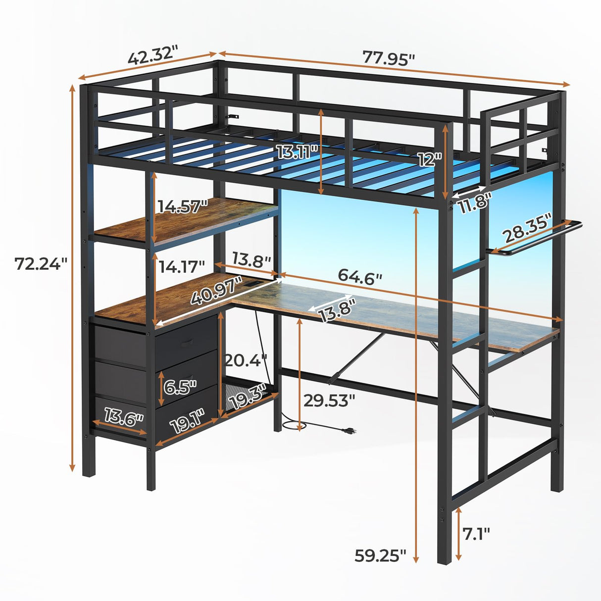 DICTAC Twin Metal Loft Bed with L-Shaped Desk, LED Lights, Charging Station, and Storage Solutions in Black DICTAC