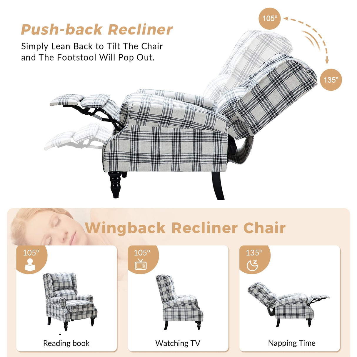 HULALA HOME Upholstered Wingback Recliner Chair, Small Adjustable Footrest Push Back Single Reclining Sofa, Mid Century Modern Lounge Armchair for Living Room, Bedroom, Reading/Plaid Black HULALA HOME