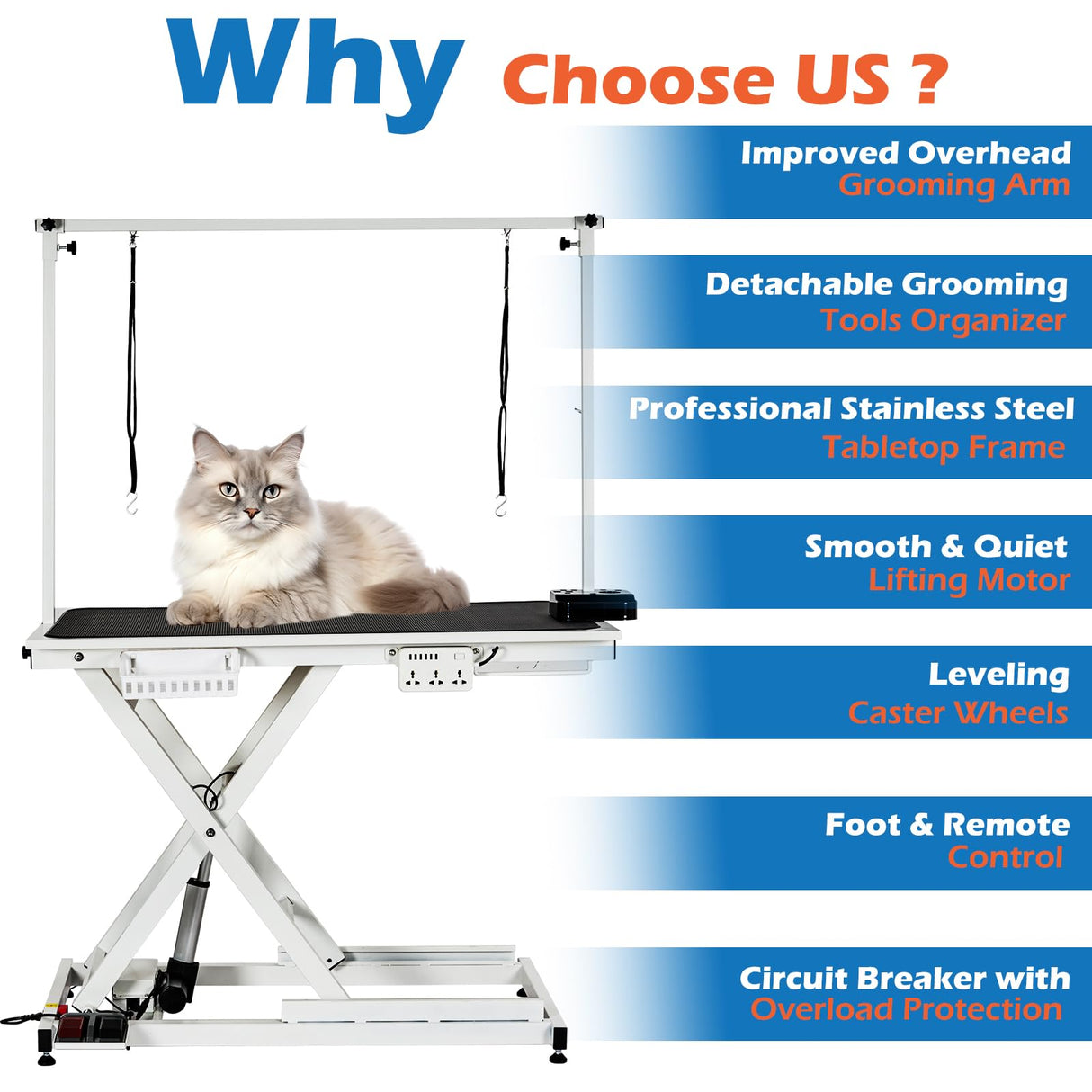 50'' Electric Dog Grooming Table, Heavy Duty, Height Adjustable Pet Grooming Table with Socket w/Leveling Wheels, Grooming Arm, Anti Slip Tabletop & Tool Organizer, for All Pets White Towallmark