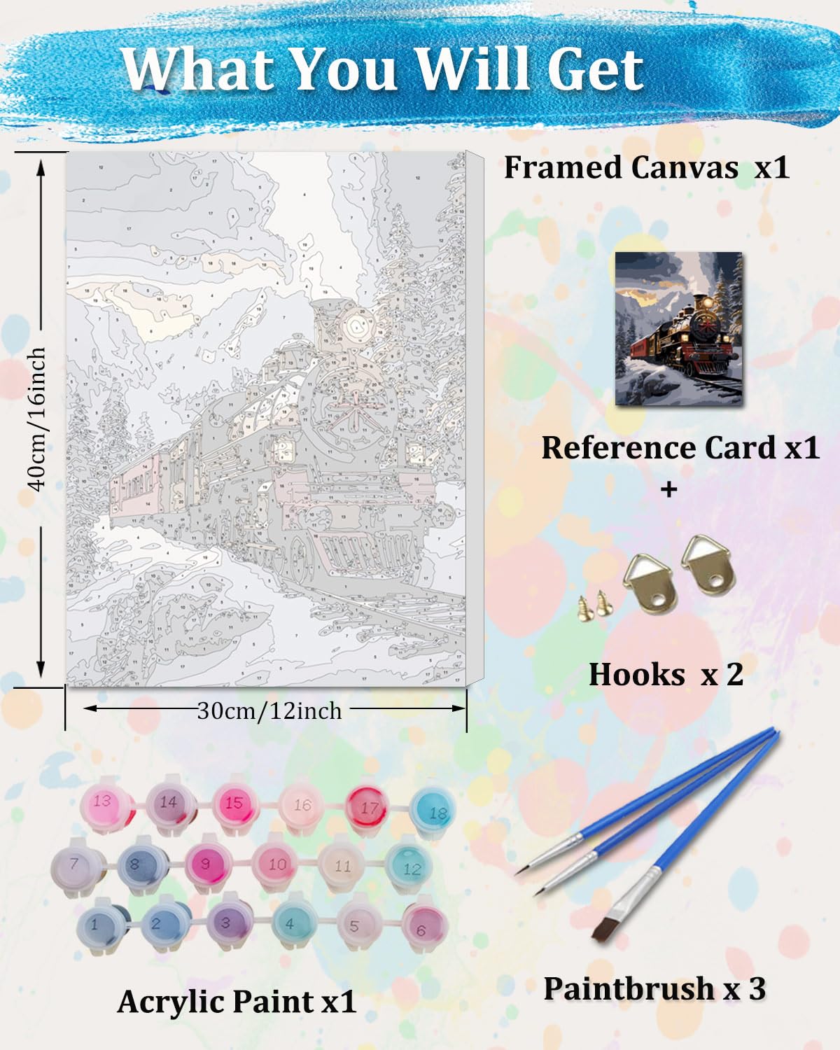 TOCARE Framed Paint by Numbers Kit for Adults, 12x16Inch Train Paint by Numbers with Frame, Snow Mountains Paint by Number Framed Canvas Winter Nature Scenery(Without Easel) TOCARE