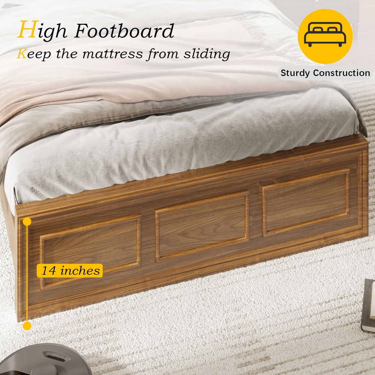 Incyneva Farmhouse Platform Queen Bed Frame Wood with Adjustable Headboard, LED Light and Charging Station, No Box Spring Needed, Noise Free, Geometric Design & Vintage Brown Incyneva