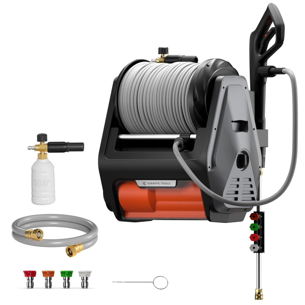 Giraffe Tools Grandfalls Pressure Washer Pro, Electric Wall Mount Power Washer with 100FT Retractable Pressure Hoses, 3300PSI, 1.6GPM, 4 Nozzles, Foam Cannon for Cars/Patios, Dark Silver Giraffe Tools