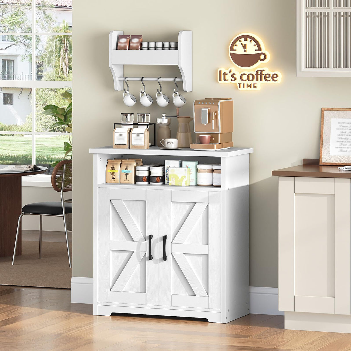YATINEY Coffee Bar Cabinet, Kitchen Island with Storage, Farmhouse Sideboard Buffet Cabinet with Dual-Purpose Floating Shelf and Hooks, for Kitchen, Restaurant, Living Room, White KF22WT YATINEY