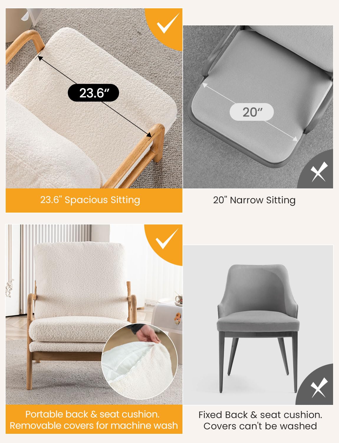 Mid Century Modern Accent Chairs for Living Room, 23” Wide Comfy Chair for Bedroom, Small Cozy Sherpa Reading Chairs for Adults, 108° Lounge Arm Chair Indoor with Detachable Cover, 5.5" Foam Cushion Miscoos