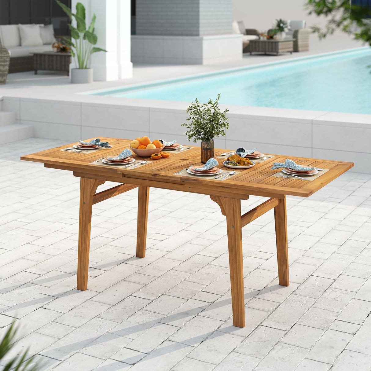 Tangkula Acacia Wood Patio Expandable Dining Table for 6-8, 71 Inches Outdoor Dining Table with 1.97" Umbrella Hole, for Garden, Lawn, Yard and Poolside Tangkula