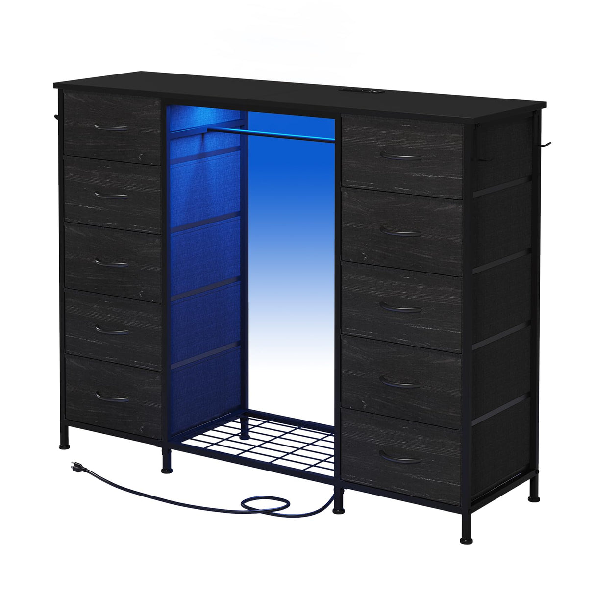 LUMTOK 55" W 2-in-1 Dresser with Hanging Rack, 10 Drawers Dresser for Bedroom,Dressers with Fabric Drawers,LED Lights, Charging Station and Hanging Racks for Bedroom LUMTOK