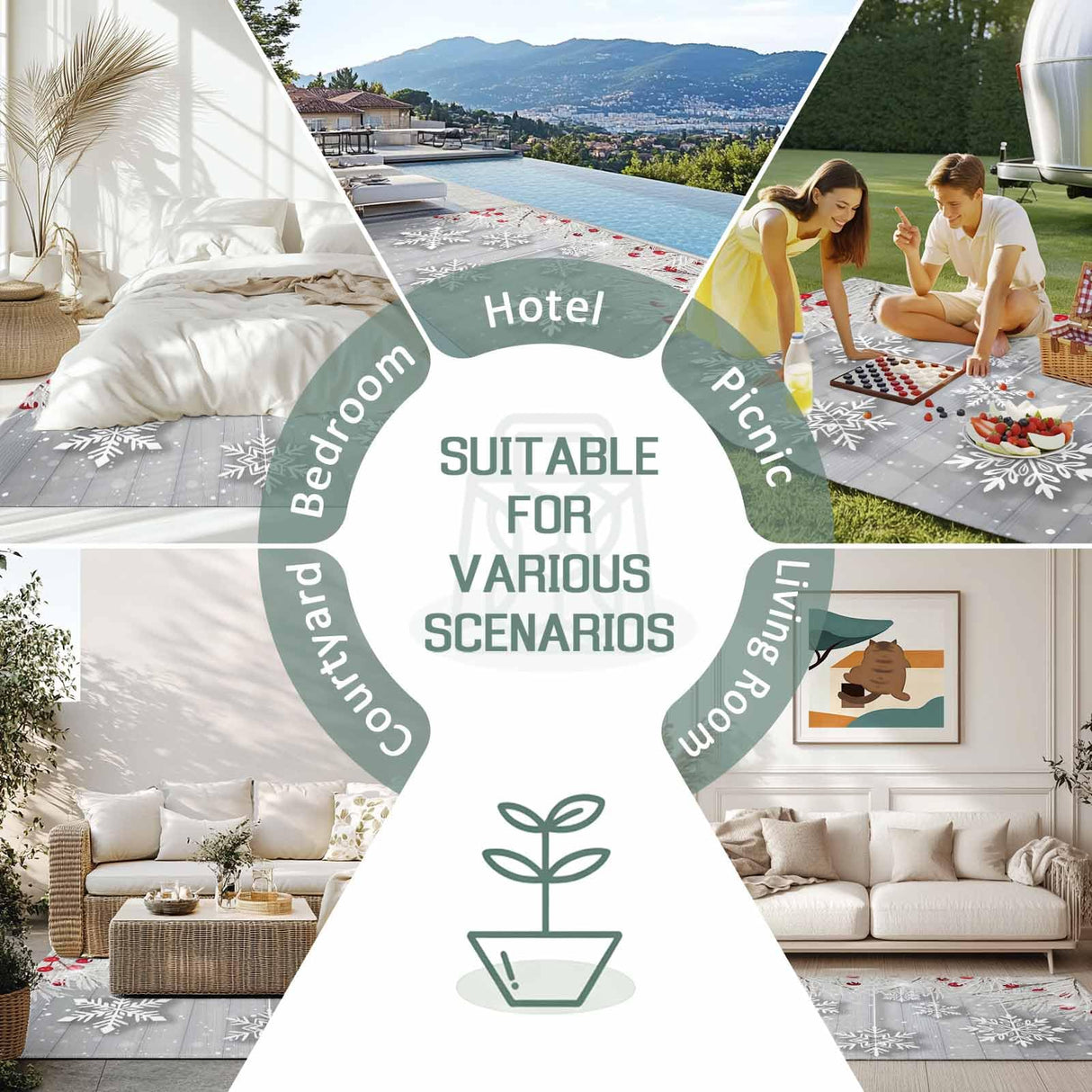 Winter Snowflake Outdoor Rug 5x8ft Christmas White Pine Branch Gray Wood Grain Waterproof Patio Rugs Lightweight Foldable Outside Large Area Rug Carpet for Porch Deck Balcony Backyard Camper Lkicikik