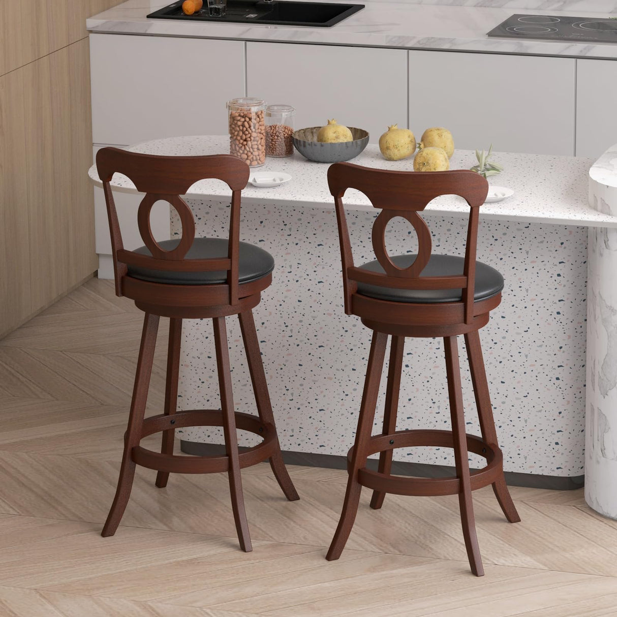 COSTWAY Bar Stools Set of 2, 30 Inch Swivel Bar Height Chairs with Ergonomic Back & Footrest, Vintage Wooden Barstool Set for Kitchen Island, Pub, COSTWAY