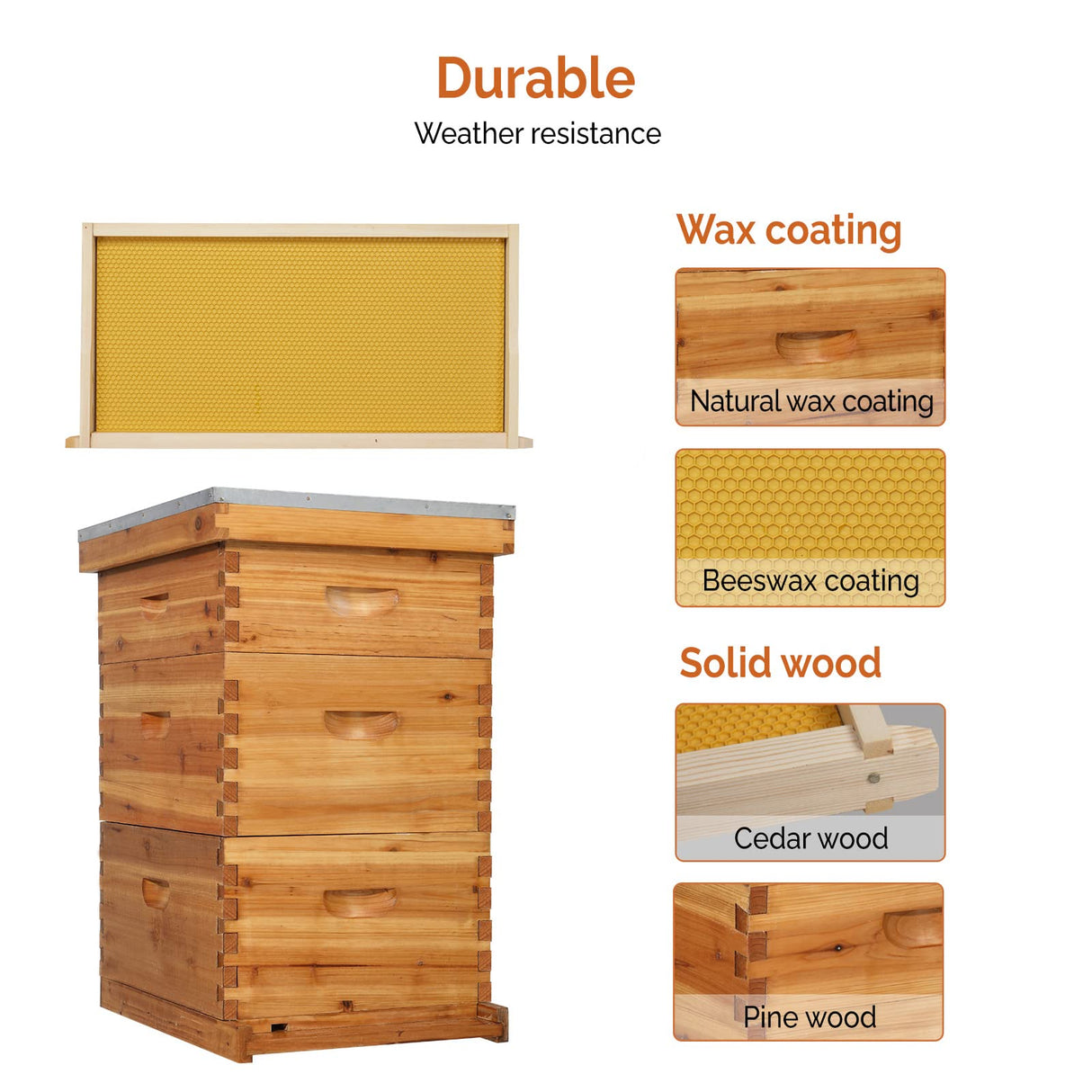 VINGLI 10-Frame Bee Hive, Wax Coated Beehive Starter Kit with Frames & Beeswax Coated Foundation Sheets (3 Layer) VINGLI