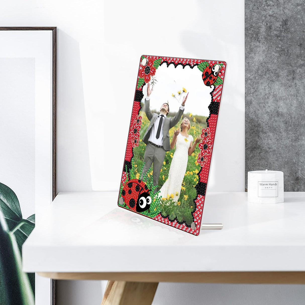 5D Diamond Art Painting Kits with Stand, Diamond Art Photo Frames for Desktop, Special Shape Crystal Rhinestones Kits for Living Room Office Table Decor (Ladybug Red) antor