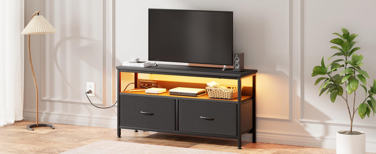 J-yaamiZz 39" Dresser TV Stand for TVs up to 50", Media Console with LED Lights, Charging Station & 2 Drawer Storage Chest, Gaming Entertainment Center with Storage for Bedroom (Black, 39 in) J-yaamiZz