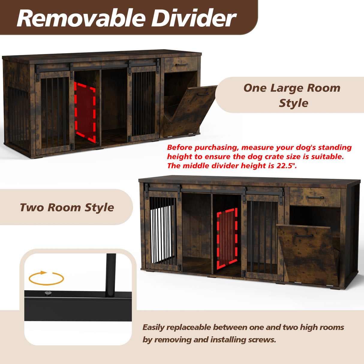 KIGOTY Furniture Style Dog Crate with Storage, 71 Inch Double Dog Crate for 2 Dogs, Wooden Large Dog Kennel with Drawers,Tilt Out Trash Cabinet,Divider and Sliding Doors (Rustic Brown) KIGOTY