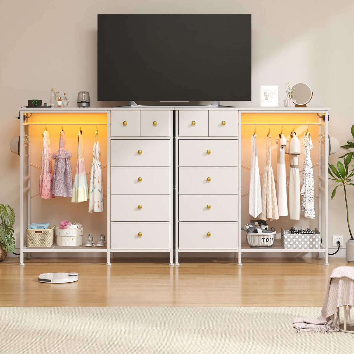 OtterOasis 47.2" White Dresser with Hanging Rack, 2 in 1 Bedroom 6 Drawers Dresser with LED Lights & Charging Station, Wooden Dressers with Fabric Drawers and Clothing Rack for Girls, Kids OtterOasis