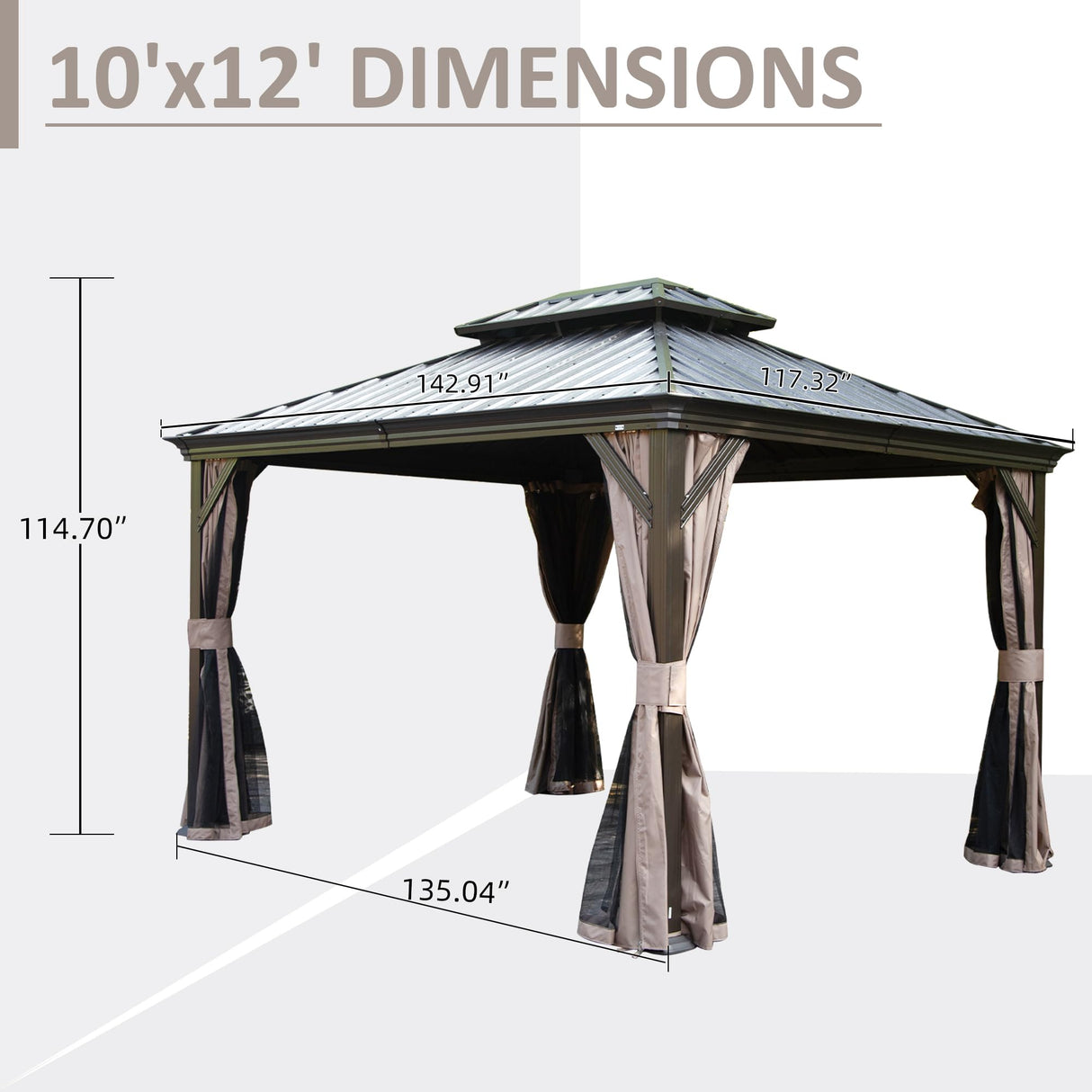 Domi 10' X 12' Hardtop Gazebo, Upgraded Metal Gazebo with Drainage System, Dual-Layer Galvanized Steel Roof, Curtain and Netting, Outdoor Shelter Canopy for Patio, Garden, and Backyard, Brown domi outdoor living