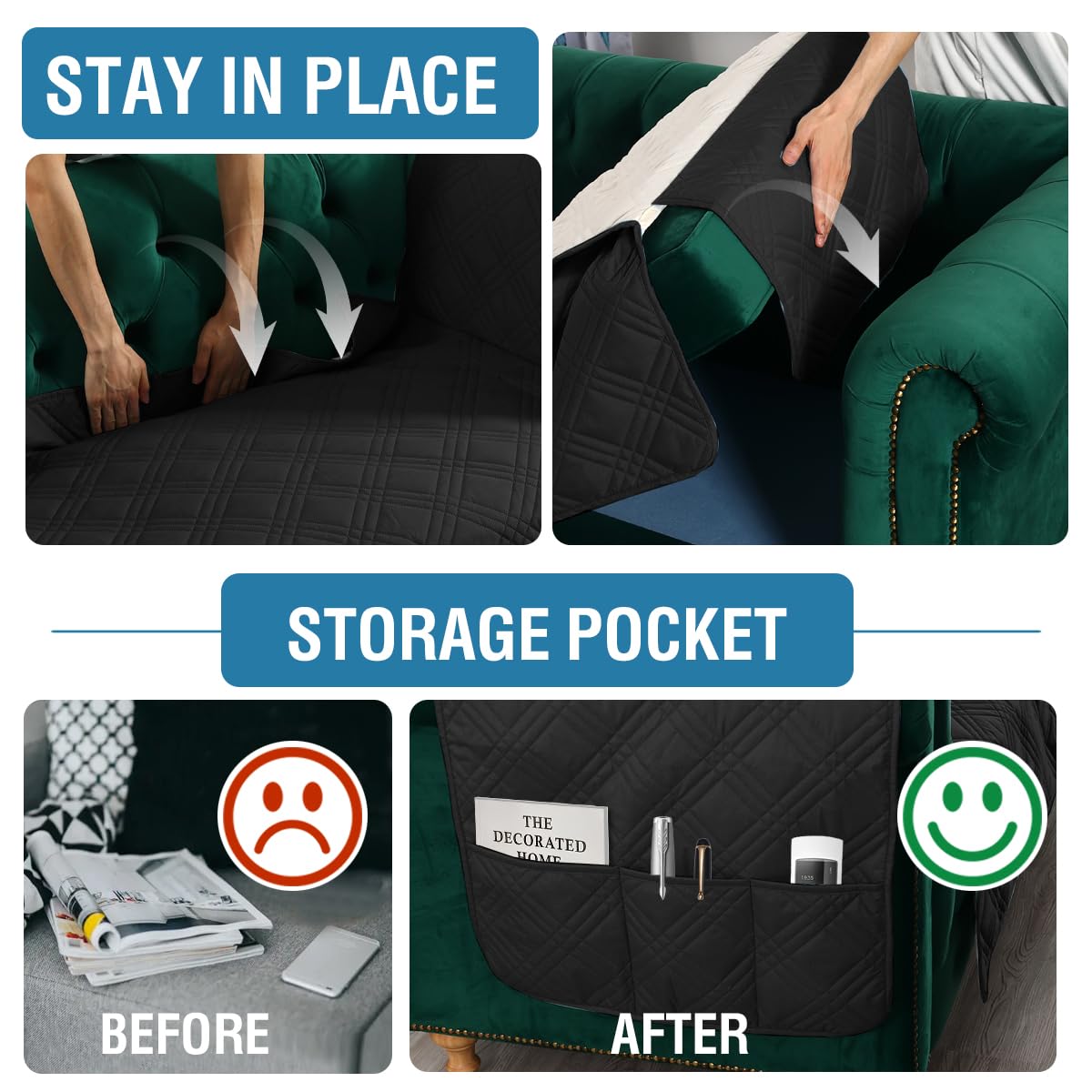 H.VERSAILTEX 100% Waterproof Armchair Slipcovers Modern Arm Chair Covers with Extra Long Armrest Cover Traditional Chesterfield Chair Covers Thick Sofa Protector for Cats (Chair, Black/Beige) H.VERSAILTEX