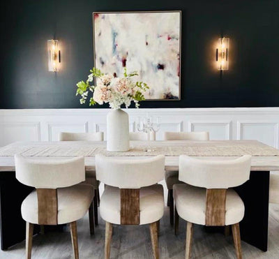 HNY Mid Century Modern Dining Chairs Set of 6, Farmhouse Linen Fabric Upholstered Accent Curved Backrest Kitchen Chairs, with Hardwood Frame, Beige, Linen