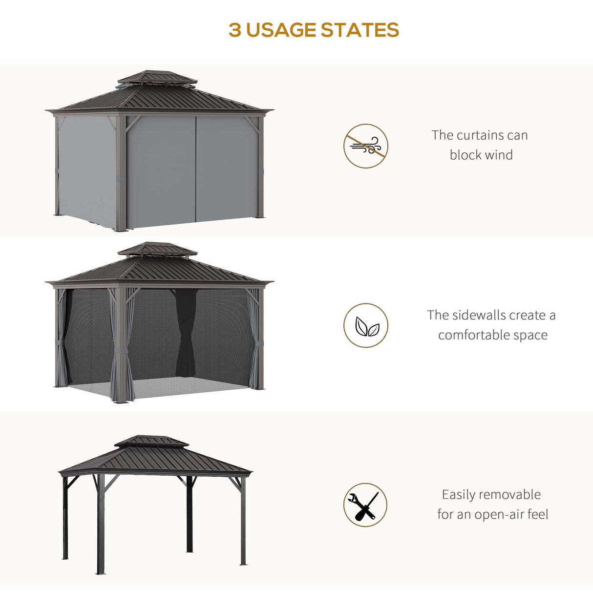Outsunny 10' x 12' Hardtop Gazebo with Curtains and Netting, Permanent Pavilion Metal Double Roof Gazebo Canopy with Aluminum Frame and Hooks, for Garden, Patio, Backyard, Charcoal Gray Outsunny