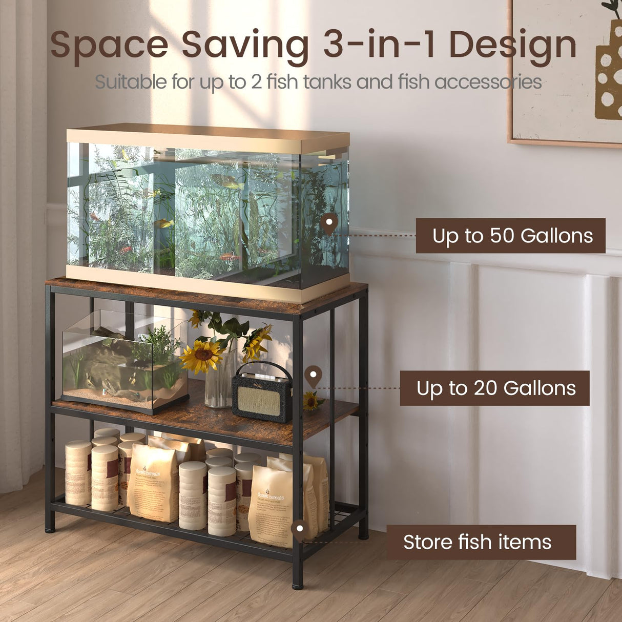 YDTOP 40-50 Gallon Fish Tank Stand,Heavy Duty Metal 40 Gallon Aquarium Stand 3-Tier Adjustable Storage Shelves for 40-50 Gallon Fish /Turtle/Reptile Tank-36.2*17.7*31.5" YDTOP