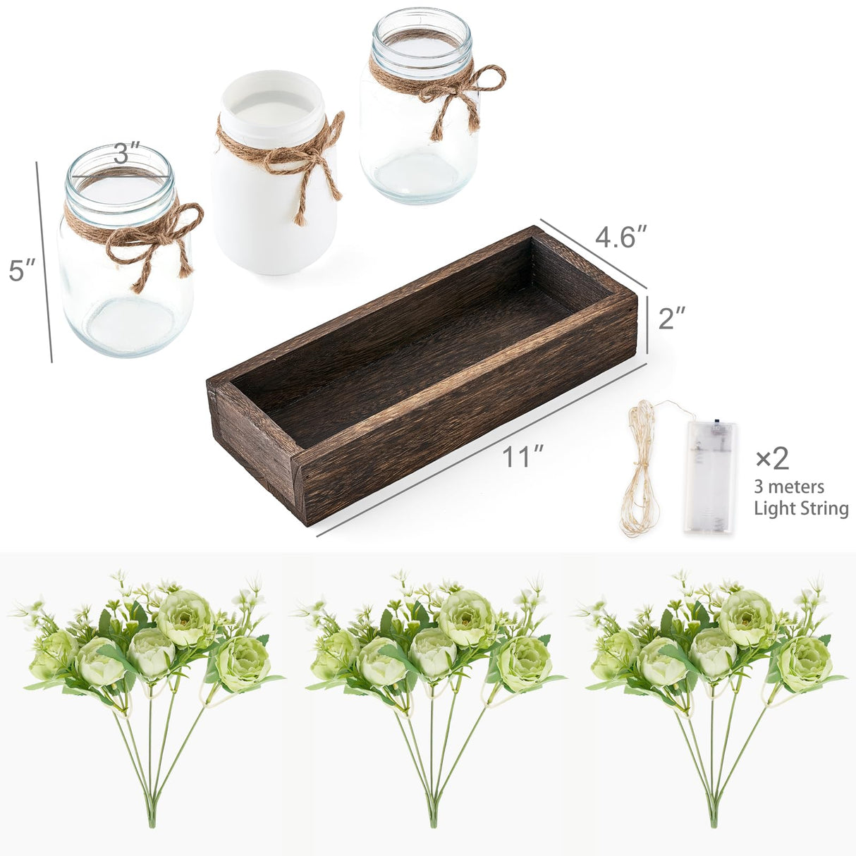 Mkono Mason Jar Lights Centerpiece Table Decorations for Dining Room Farmhouse Coffee Table Decor Wood Tray with 3 Jars Flowers Christmas Home Decor (Light Green) Mkono