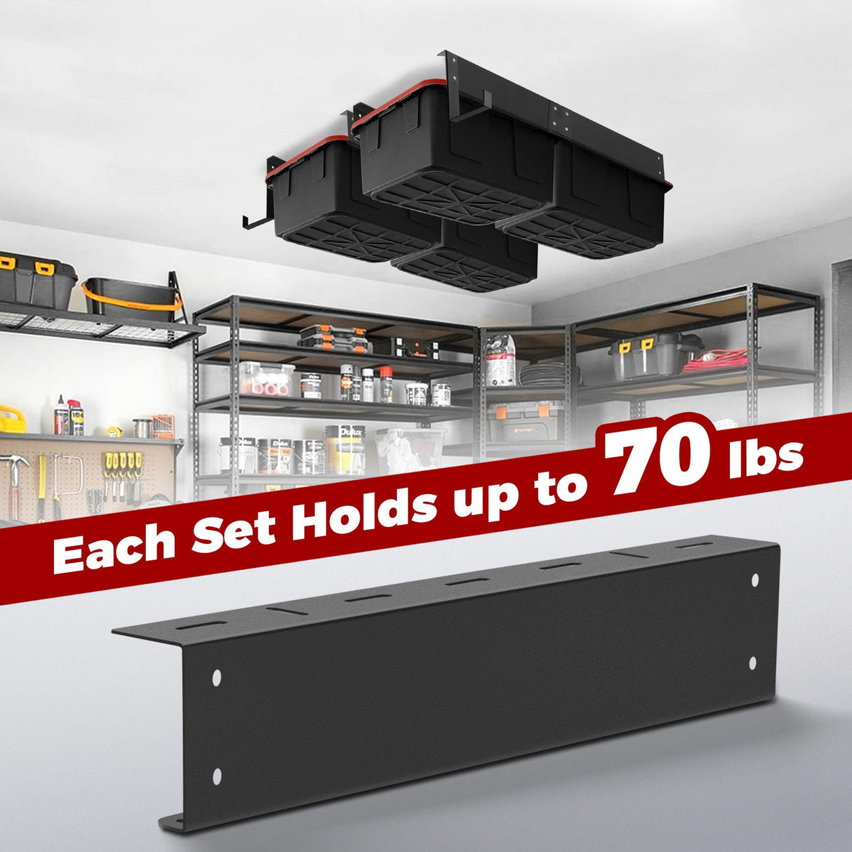 Overhead Garage Storage Rack System – Heavy-Duty Adjustable Ceiling Rails for Totes, Fits Most Storage Bins (8 Sets Hold 4 Bins Each) Sidasu