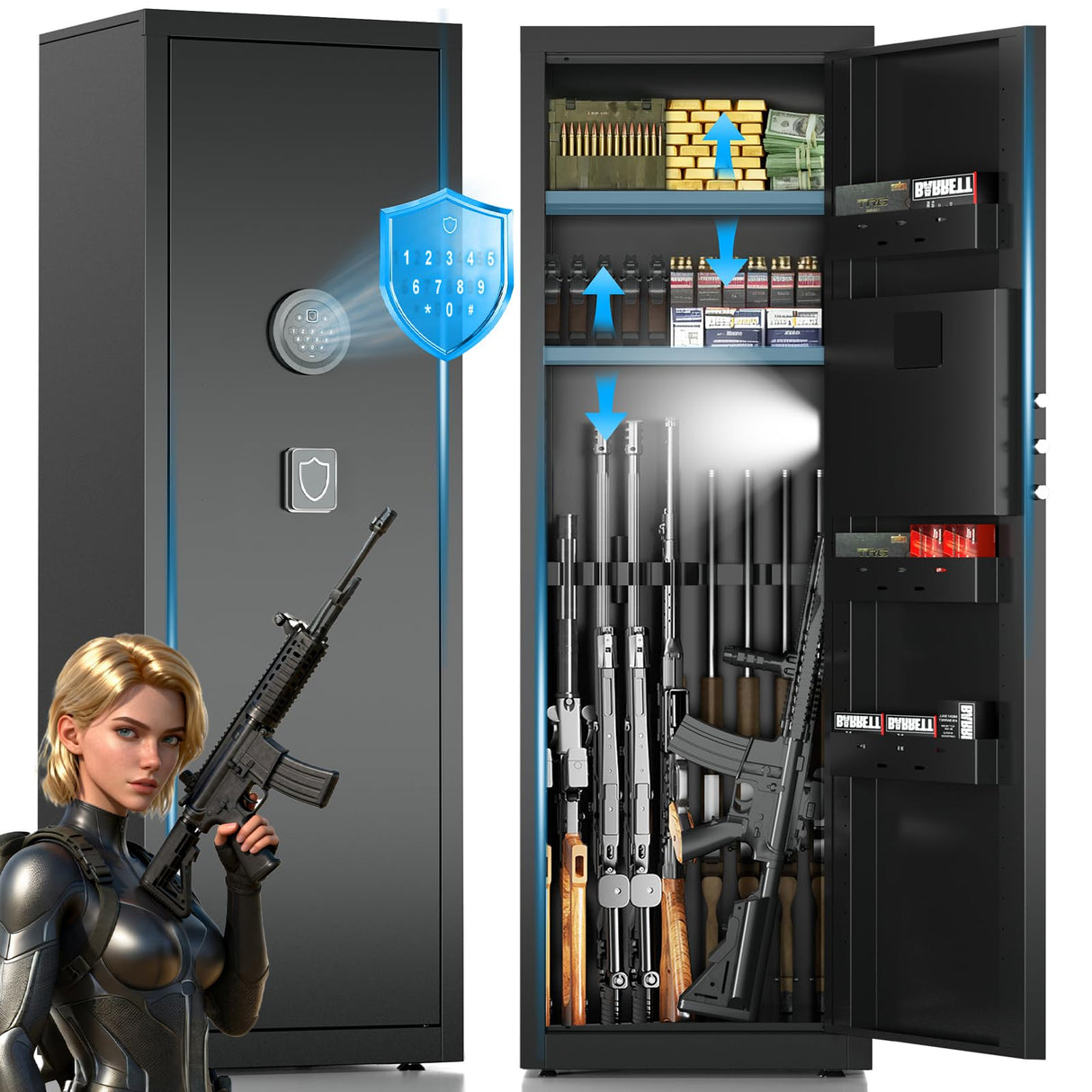 8-10 Long Gun Safe for Rifles and Pistols with Digtal Keypad, Quick Access Rifle Safe with Dual Alarm and Mute Mode, Gun Cabinets for Rifles and Shotguns with 2 Removable Shleves, Easy Assemble Yiosotne