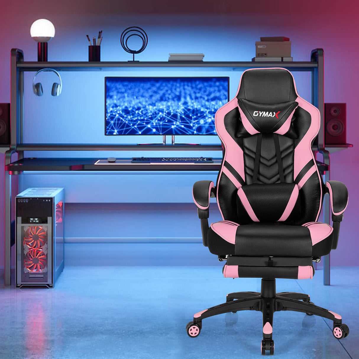 GYMAX Gaming Chair, Ergonomic Computer Chair with Footrest, Linkage Armrests & Lumbar Cushion, Big Wide High Back Video Gaming Chair, Reclining Office Rolling Chair for Adult/Teens (Pink) GYMAX