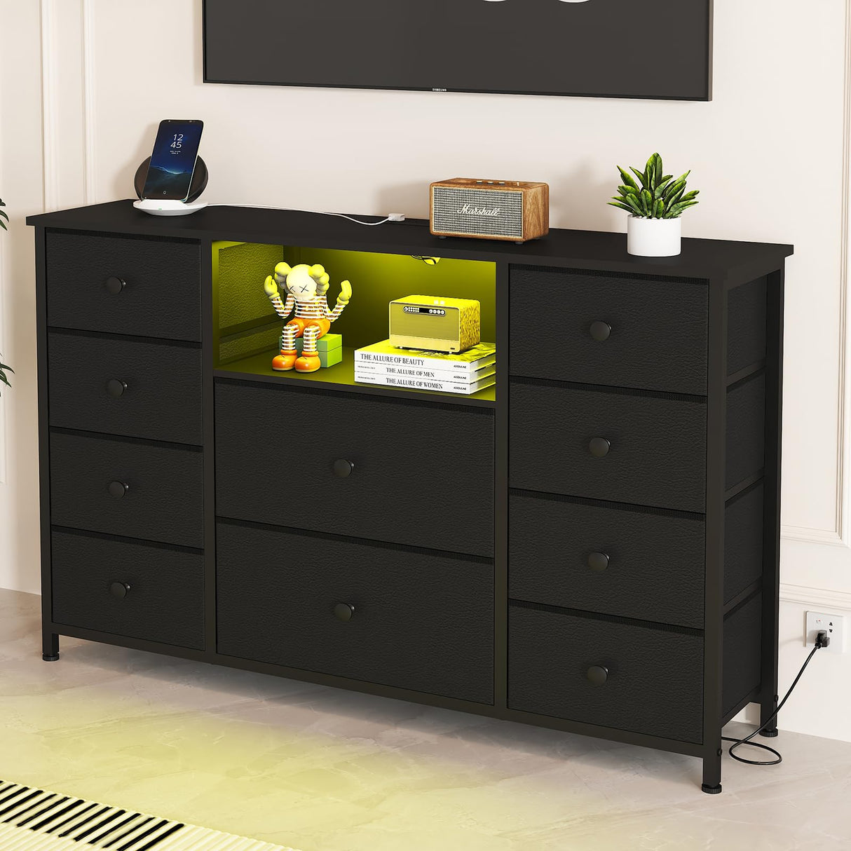 LDTTCUK Dresser with Charging Station and LED Lights, Long Dresser for Bedroom Dresser TV Stand with 10 Drawers, Fabric Chest of Drawers with PU Finish, Wide Dresser Storage Organizer, Black LDTTCUK