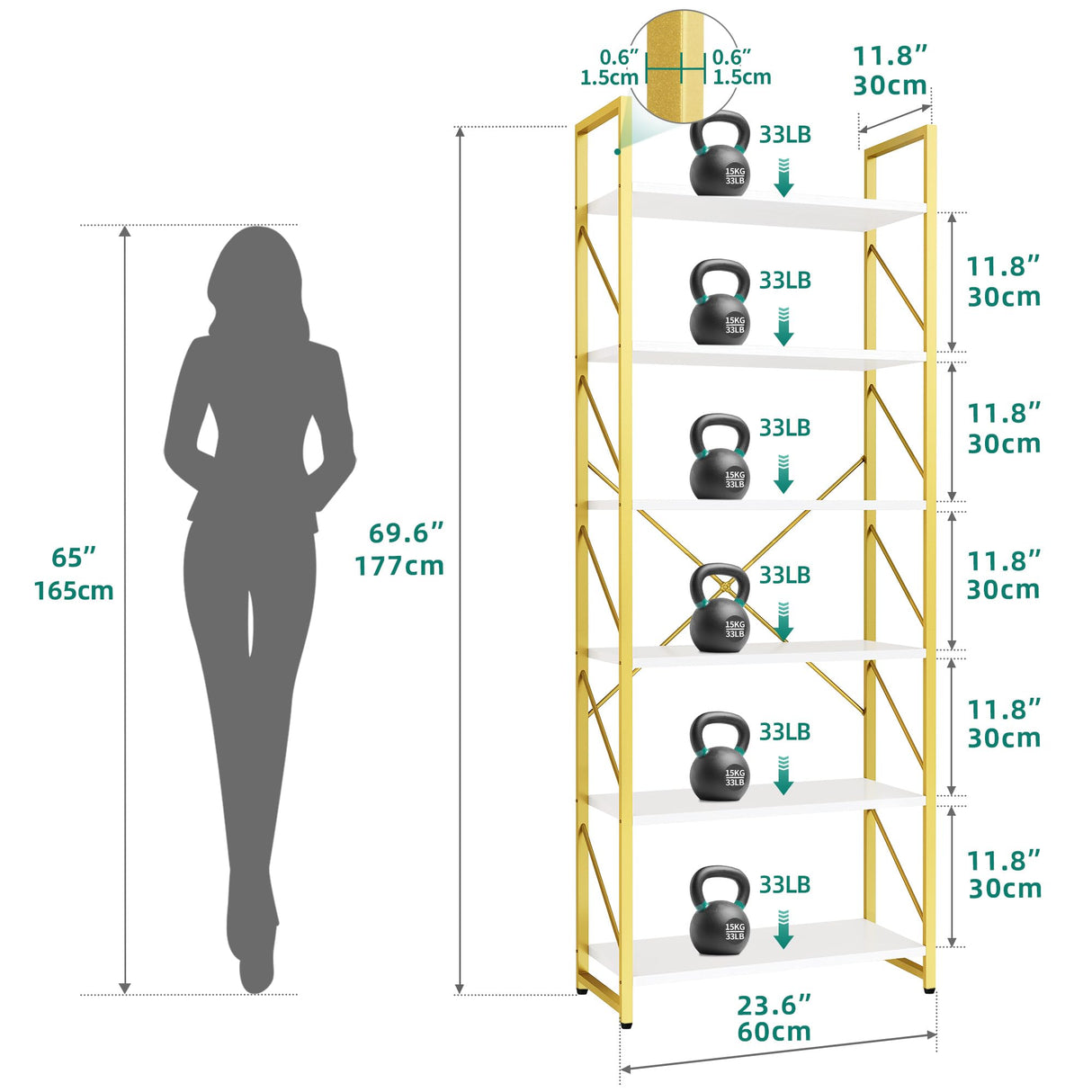 YITAHOME Tall Bookshelf 6 Tier Bookcase, Modern Gold Book Shelf, Open Display Storage Rack Shelves for Living Room/Bedroom/Home/Office/Kitchen, Holder Organizer for Books/Movies, White & Gold YITAHOME
