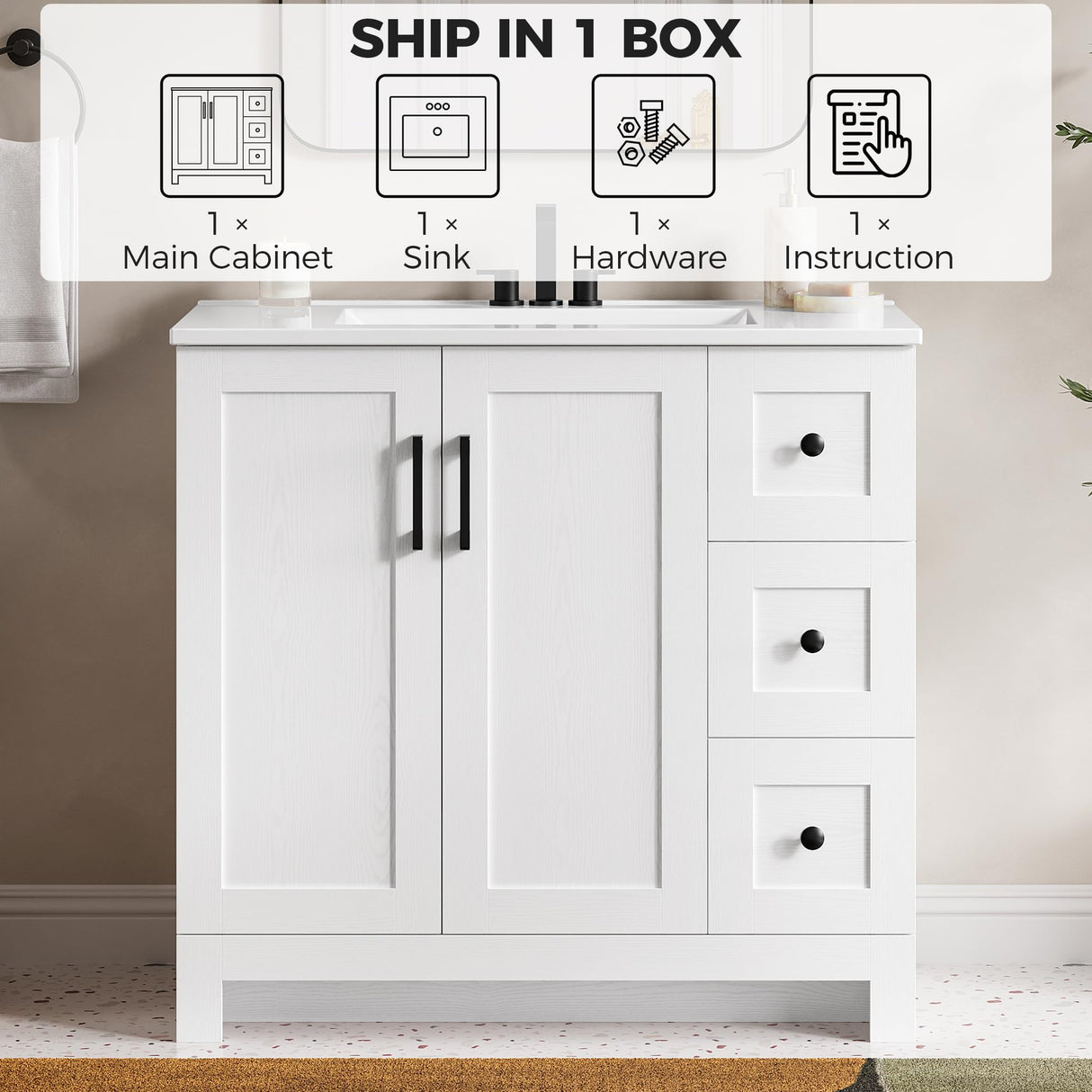IRONCK 36" Bathroom Vanity with Sink, Freestanding Modern Bathroom Vanity Cabinet with 2 Soft-Close Doors & 2 Storage Drawers, Undermount Rectangular Ceramic Sink, Assembly Required, White IRONCK