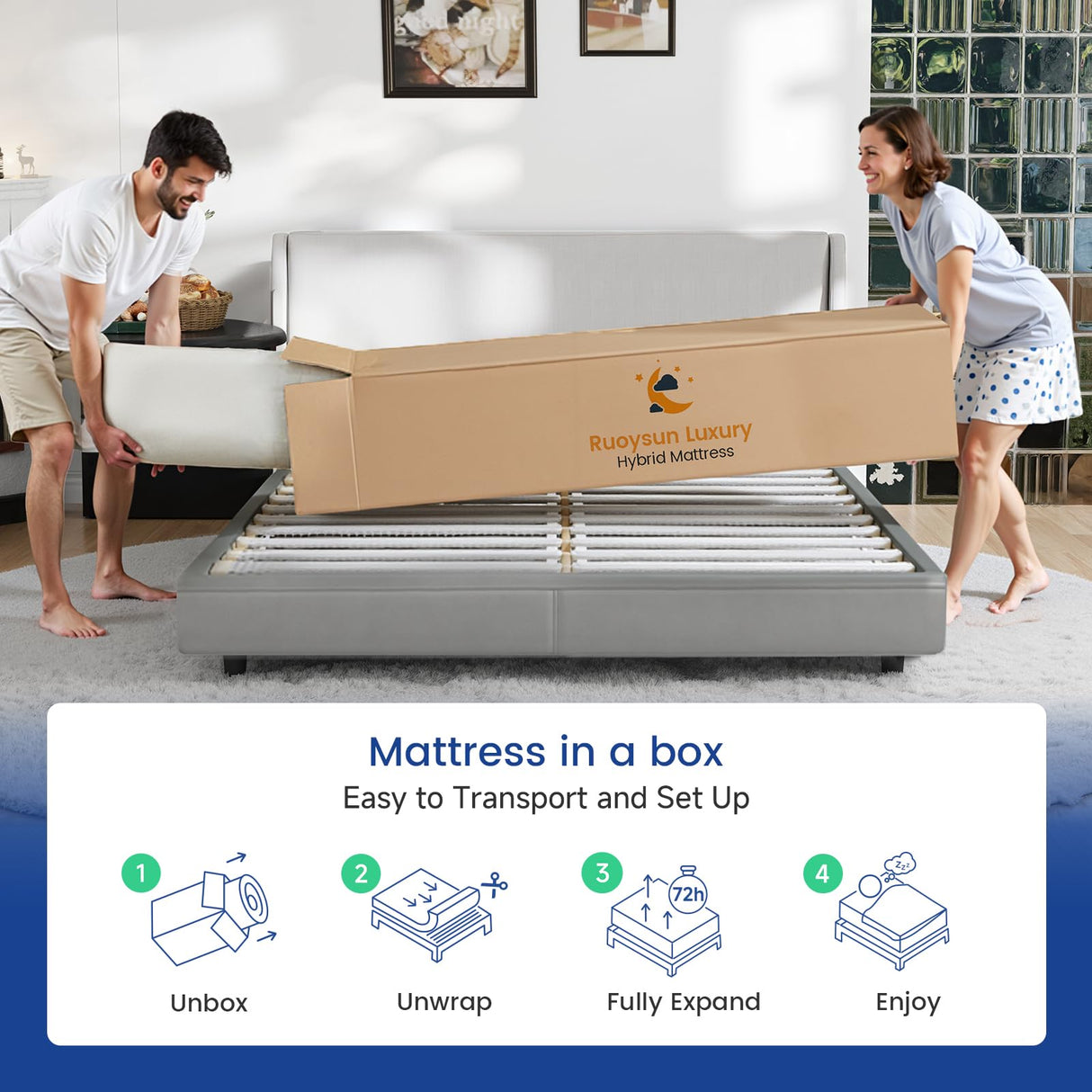 Ruoysun Queen Mattress, 14 Inch Firm Hybrid Queen Bed Mattress in a Box, with Gel Memory Foam and Individual Pocket Springs, Motion Isolation, Relieve Back Pain & Pressure Relief Ruoysun