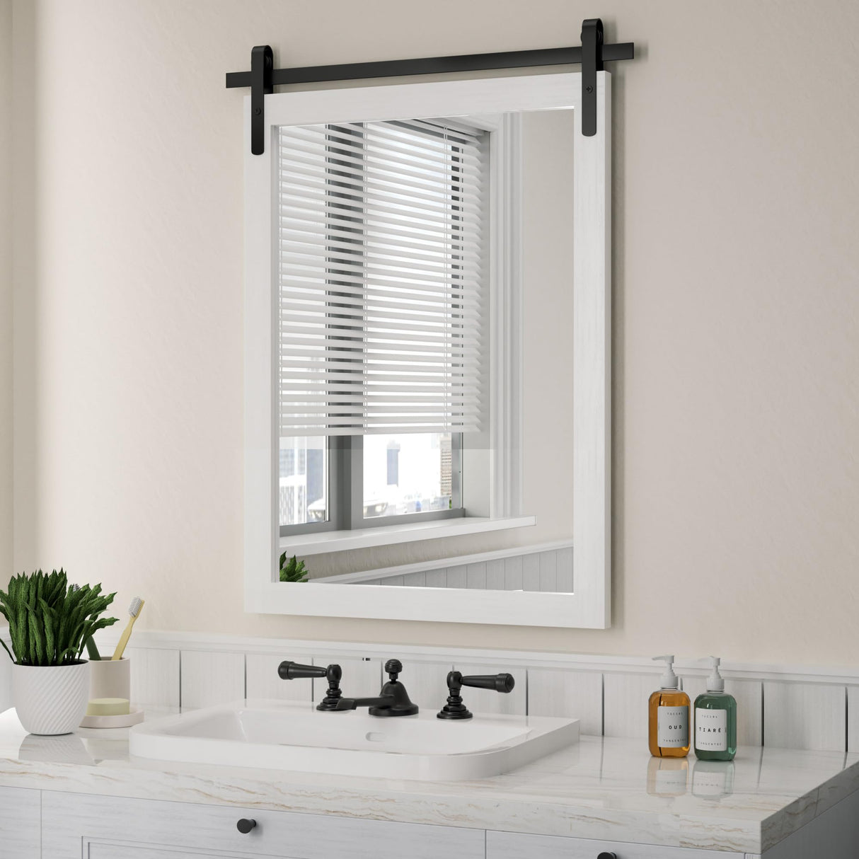 Farmhouse Bathroom Mirror, White Rustic Vanity Mirror Wood Framed Decrative Mirrors, Barn Door Style Decor Entryway Bedroom 22x30INCH Horizontal PAIHOME