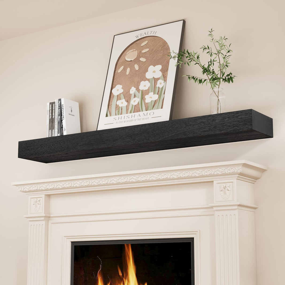 SAUMONIERES Fireplace Mantel Shelves 60 Inch Solid Wood Wall Mounted Long Floating Shelf Hollow, Black SAUMONIERES