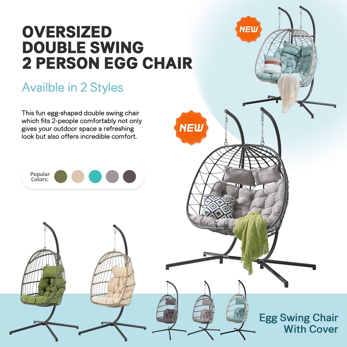 Patiorama 2 Person Double Egg Swing Chair with Stand Indoor Outdoor, Patio Wicker Rattan Hanging Egg Chair w/Cushion, Pillow, Foldable Hammock Chair 550lbs for Bedroom, Balcony, Garden (Light Grey) Patiorama