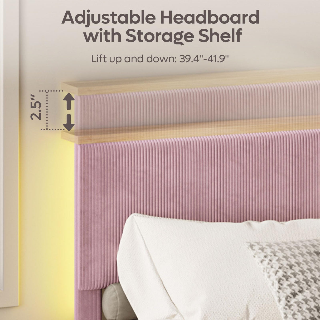 Bestier King Corduroy Upholstered Bed Frame with Adjustable Vertical Channel Headboard, LED Platform Bed with Storage Shelf, Solid Wood Leg & Slat Support, No Box Spring Needed, Never Squeaks, Pink Bestier