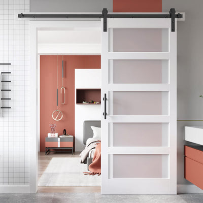 EaseLife 38in x 84in Glass Barn Door with 6.6FT Sliding Door Hardware Kit Included & Handle,Solid LVL Wood Covered with Water-Proof & Scratch-Resistant PVC Surface,DIY Assembly,5-Panel Glass,White