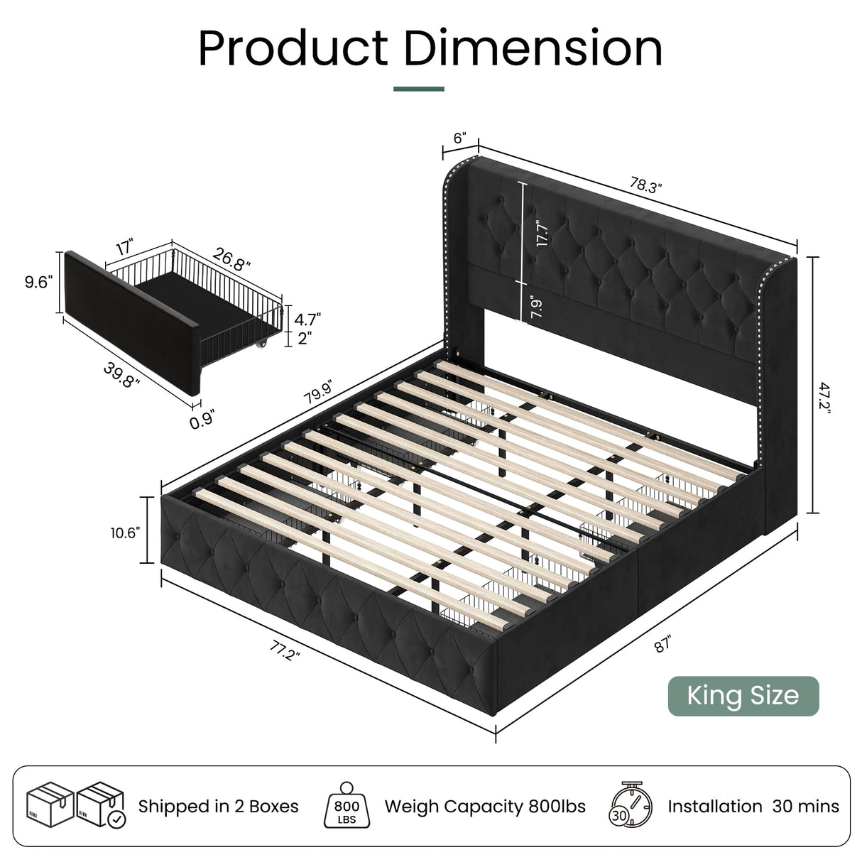 LARMACE Velvet Black King Size Bed Frame with 4 Storage Drawers and Tufted Wingback Headboard LARMACE