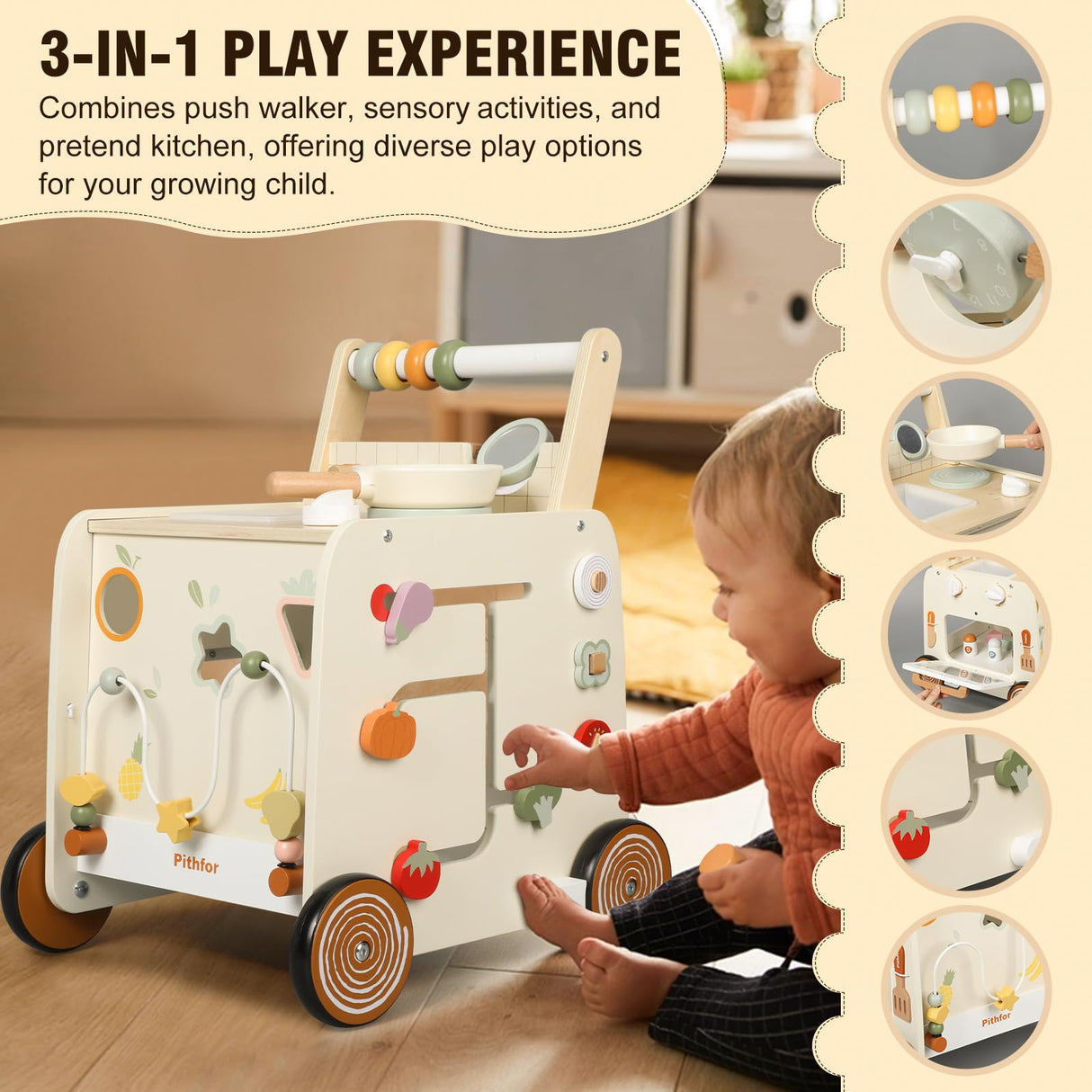 Pithfor Wooden Baby Walker, 3-in-1 Baby Push Walker, with Pretend Kitchen, Montessori Sensory Activity Center, Push Walker Toys for Babies Learning to Walk, Sit-to-Stand Pithfor