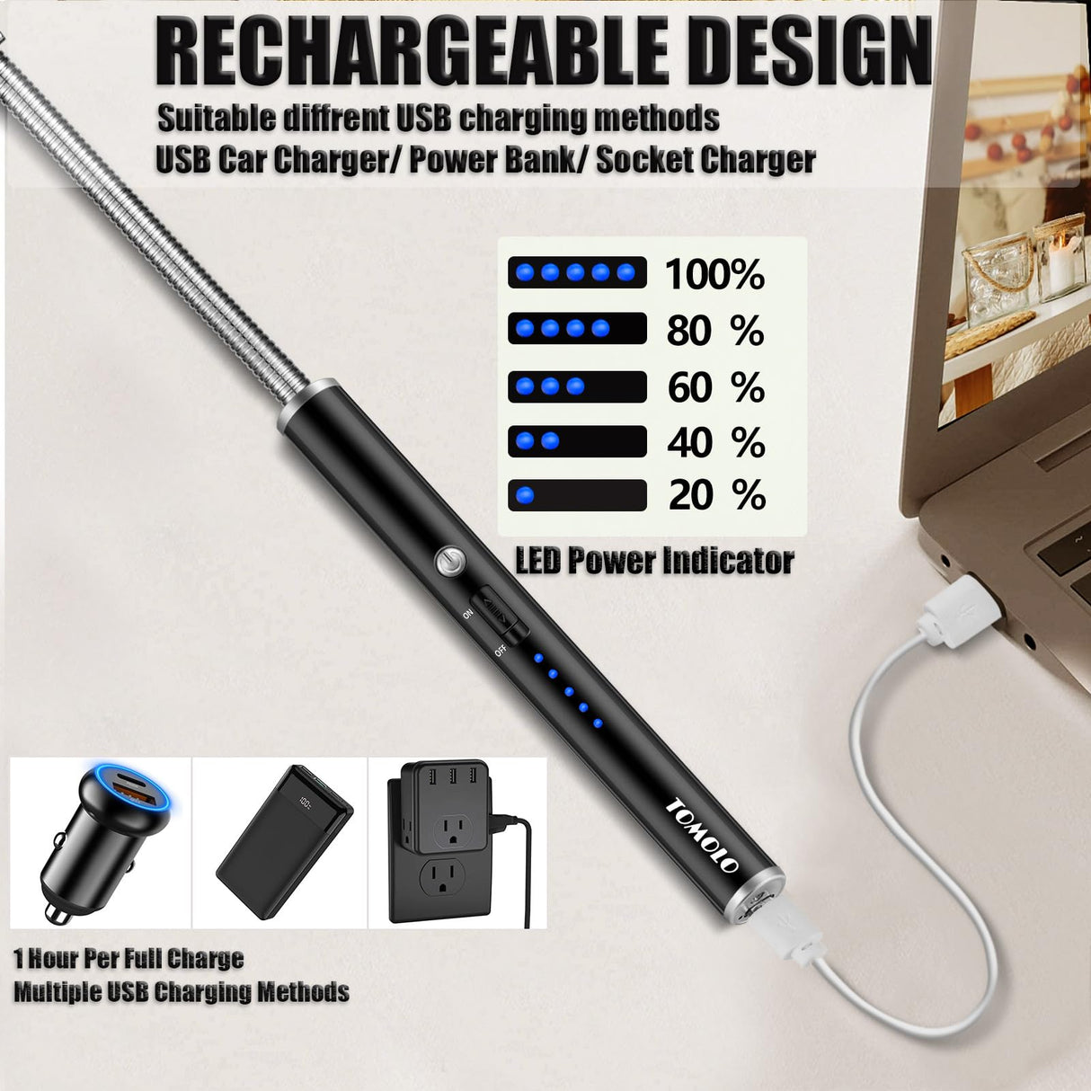 TOMOLO Electric Lighter Candle Lighter Rechargeable Grill Lighter Arc Lighter with Flexible Neck, Battery Display Safety Switch for Candle Camping Cooking BBQs Fireworks (Black&Silver) TOMOLO