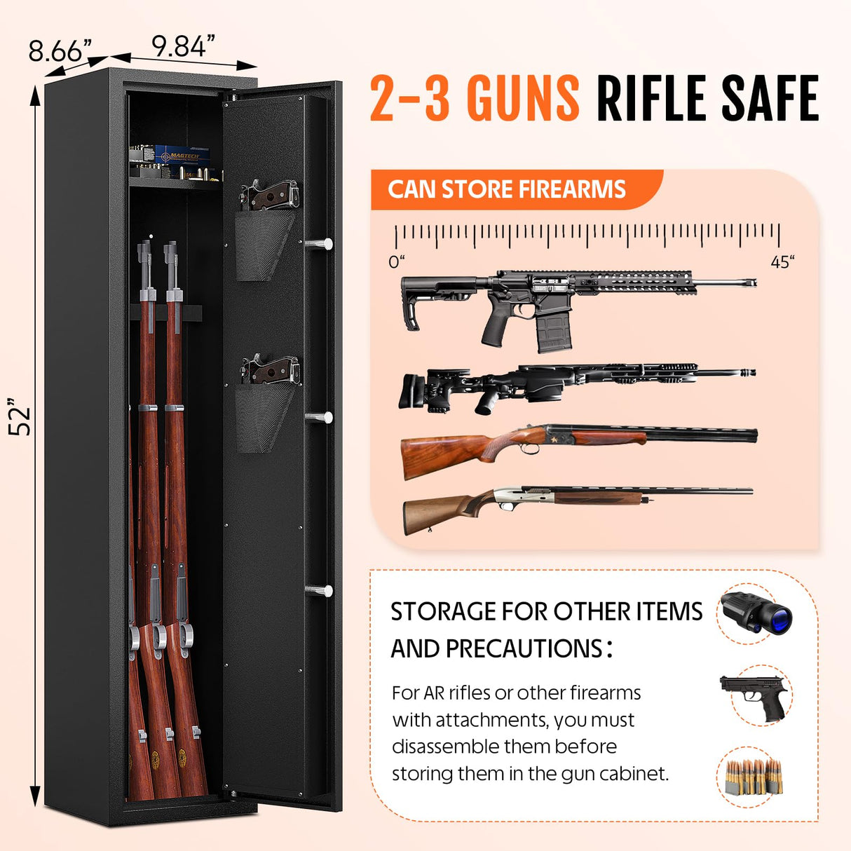 Xyvaly 2-3 Gun Safe for Rifles and Pistols, Quick Access Gun Safes, Rifle Safes for Home, Gun Safe with Removable Shelves, Mute&Alarm Mode, Assembled Xyvaly