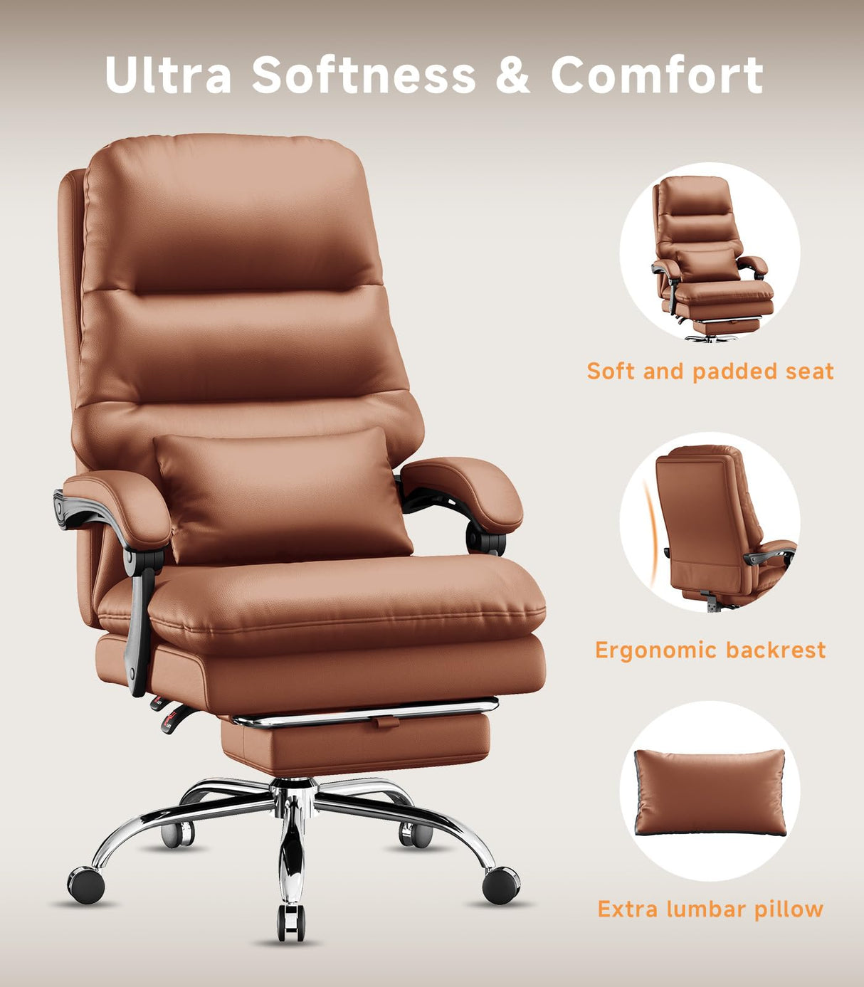 Ylzyxal Office Chair, Big and Tall Office Desk Chair, Ergonomic Office Chair, 400LBS PU Leather Computer Chairs, Executive Office Chair with Foot Rest and Lumbar Pillow (Bright Brown) Ylzyxal