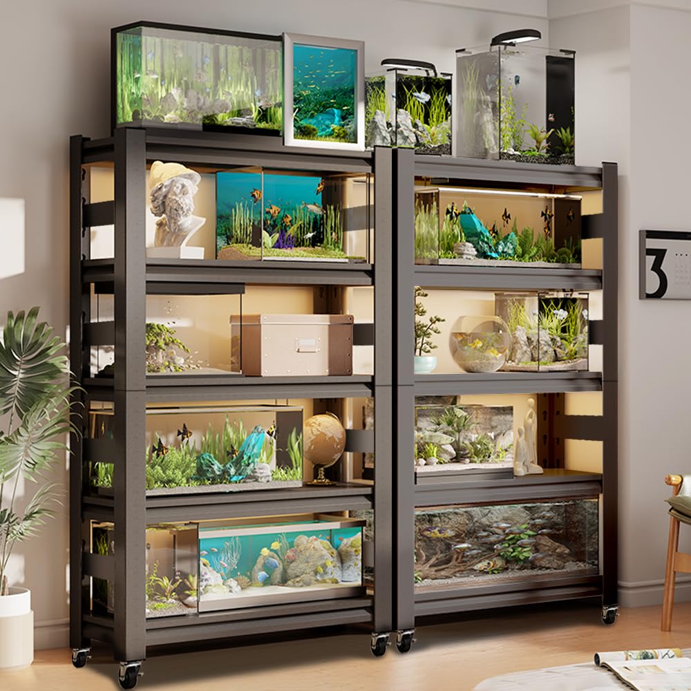 BEESTMUEBLE 55-90 Gallon Fish Tank Stand, Metal Aquarium Stand, Adjustable Heavy Duty Reptile Tank Stand, Sturdy 5-Tier Fish Tank, Modern Shelf for Living room (With Wheels-32 W*15.7" D*63" H) BEESTMUEBLE