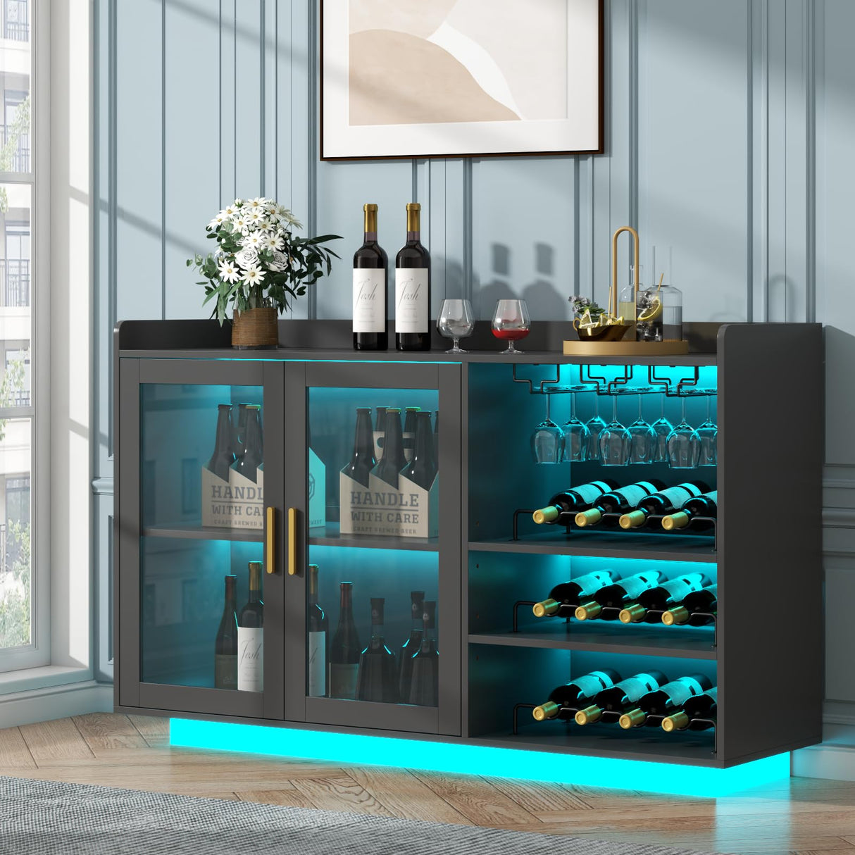 Loomie Wine Bar Cabinet with LED Lights, Floating Coffee Bar with Glass Rack and Removable Wine Racks, Modern Buffet Sideboard with Storage Shelves, Kithchen Bar with Glass Cabinet Doors, Black Loomie