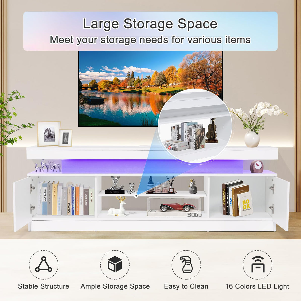 Verano Garden 63" LED TV Stand for 75 Inch TV, High Gloss Entertainment Center with 2 Storage Cabinets and Open Shelf, Modern TV Media Console with Power Outlet & Light for Living Room, Bedroom, White Verano Garden