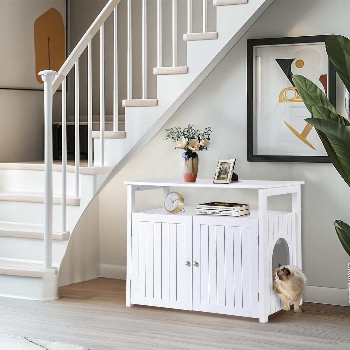 ZENY Cat Litter Box Enclosure, Cat Litter Box Furniture Hidden with Open Shelf, Wooden Cat Litter Cabinet with Divider, Indoor Cat Washroom Storage Bench, White ZENY