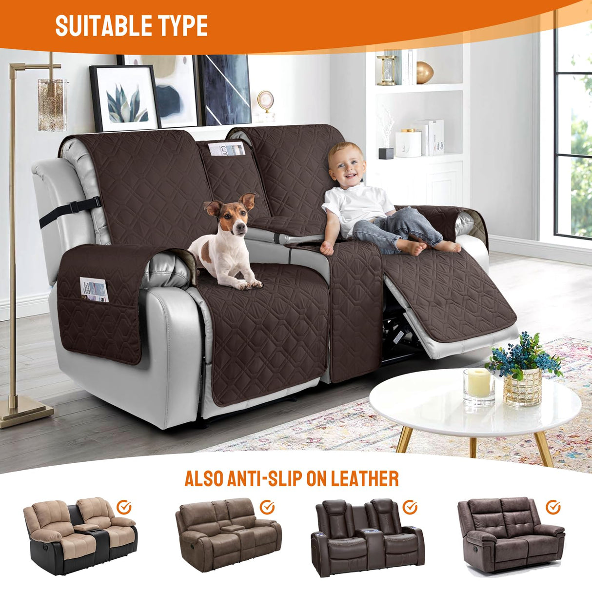 VANSOFY Loveseat Recliner Cover with Console 100% Waterproof Sofa Slipcovers Non-Slip Reclining Couch Covers Split Sofa Cover Furniture Protector for Pets, Dogs(Chocolate) VANSOFY