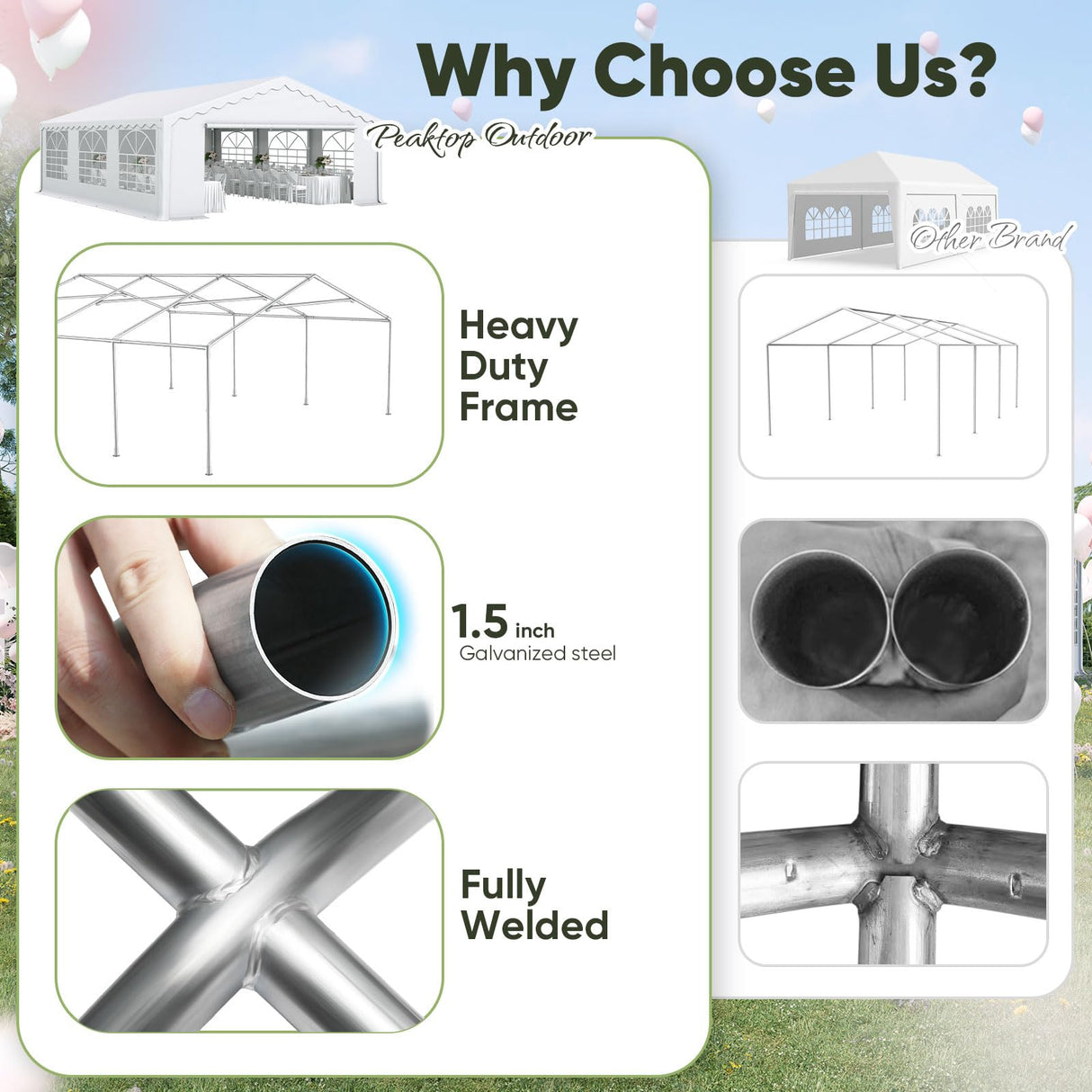 20x20 Heavy Duty Party Tent Upgraded Galvanized Wedding Tent Outdoor Gazebo Event Shelter Carport Canopy Tent with 2 Storage Bags & Reinforced Frame PEAKTOP OUTDOOR