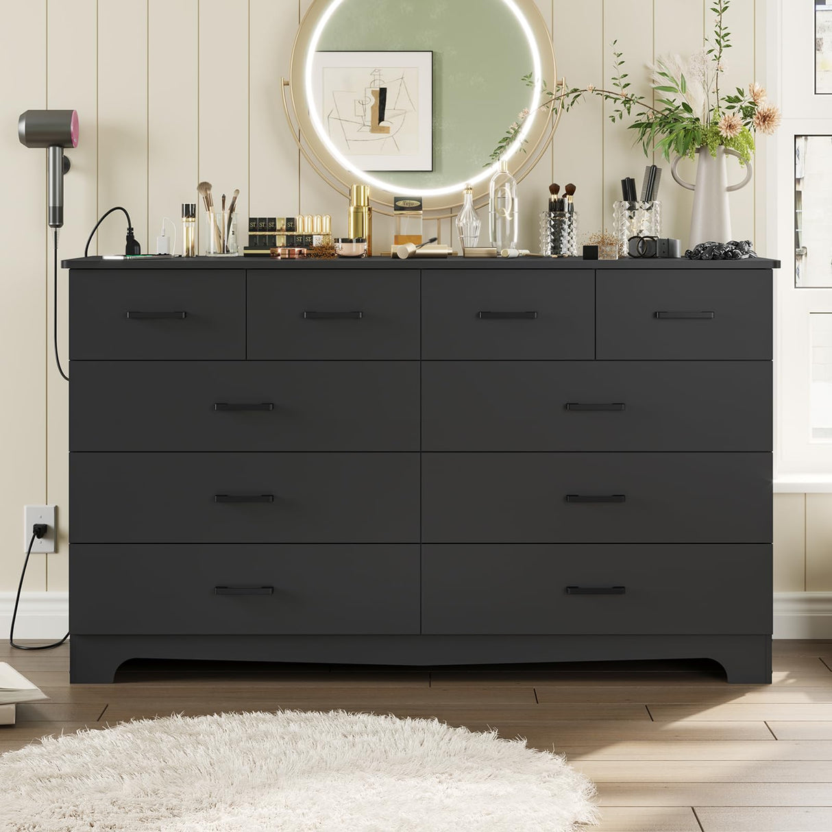 DICTAC Black Dresser for Bedroom with 10 Drawers, Large Chest of Drawers Storage Organizer, Long Dresser TV Stand with Power Outlets, Wide Dressers for Bedroom, Living Room 55.1" W x 32.3" H x 15.8" D DICTAC
