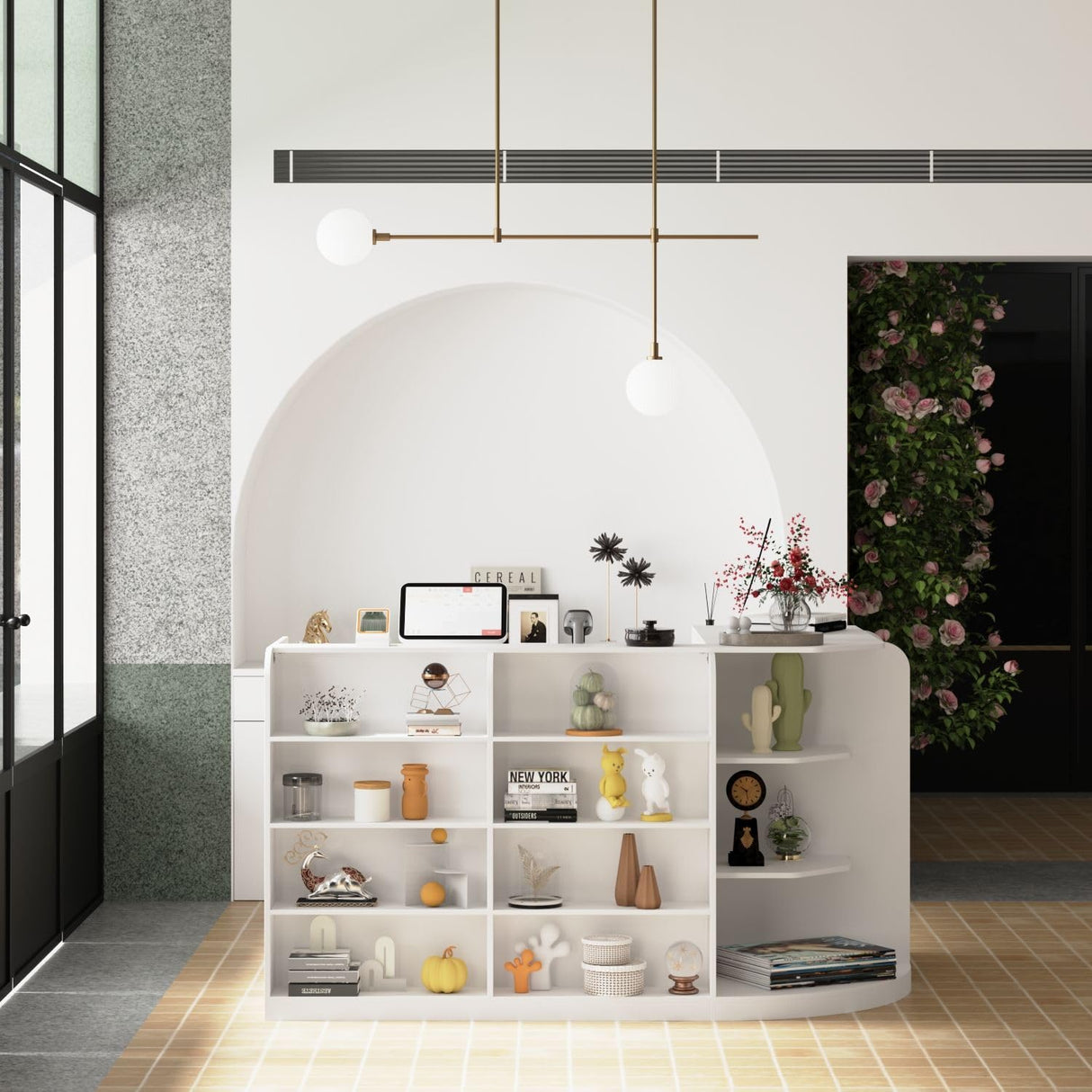 FAMAPY L-Shaped Reception Desk with 3 Drawers & Open Shelves, Retail Counter Front Desk Reception Counter with Cabinet, Countertop, for Shop Bar White 70.9”W x 47.2”D x 39.4”H FAMAPY